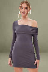 Grey Off Shoulder Dress Ribbed Long Sleeve Mini Bodycon