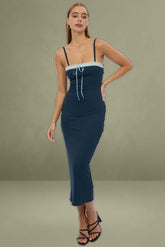 Blue Bodycon Dress Maxi Ribbon Trim
