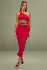 Red One-Shoulder Textured Bodycon Dress