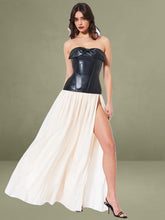 Maayan Black Vegan Leather Corset High Slit Drop Waist Maxi Dress