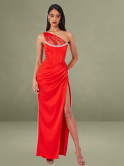 Lora Scarlet Crystal Embellished Mesh Satin Corset Gown