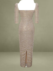 Sorrel Gold Ruched Chiffon Long Maxi Dress