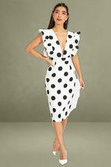 Black Polka Dot Midi Dress Plunge Ruffle Shoulder Oversized Polka