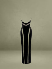 Paityn Black Velvet Mesh Cutout Halter Gown