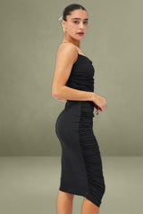 Black Bodycon Midi Dress Rose Strappy Rosette Gathered