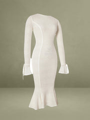 Beige Crochet Long Sleeve Midi Flare Mermaid Dress