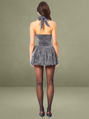 Crystal Embellished Bubble Hem Halter Mini Dress