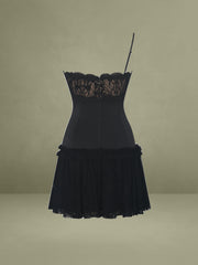 Black Contrast Lace Sweetheart Gathered Mini Dress