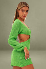 Green Crocheted Long-Sleeved Mini Cut-Out Dress