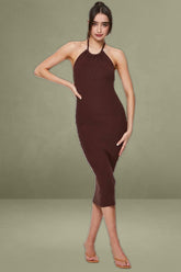 Brown Knit Dress Midi Halter Neck