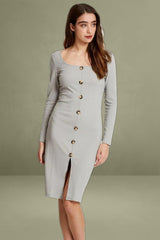 Grey Rib Button Front Dress