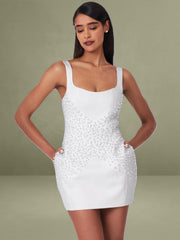 Tais Pearl Beaded Cocoon Shape Sleeveless Mini Dress