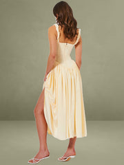 Noreen Egg White Satin Drop Waist Maxi Sundress