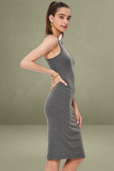 Grey Racer Neck Tie Front Midi Bodycon Dress