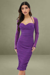 Purple Bodycon Dress Long Sleeve Ruched Mesh