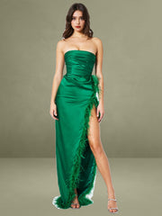 Perrin Emerald Green Feather Dress High Slit Gown