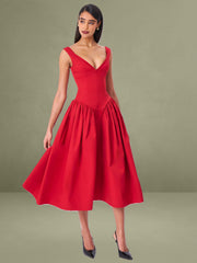 Nahla Red Drop Waist Midi Dress with Buttons