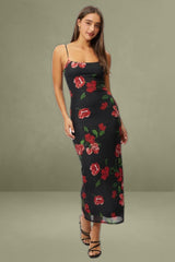 Black Floral Bodycon Dress Maxi Mesh