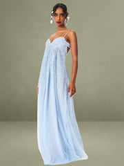Wallie Baby Blue Rhinestone Embellished Mesh Backless Gown