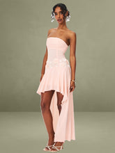 Pink Ruched Breast Appliqué Trim Trailing Dress
