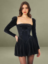 Yolanda Black Velvet Long Sleeve Mini Dress with Lace Trim