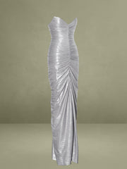 Sable Ruched Silver Glitter Mermaid Gown