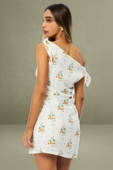 White Floral Bodycon Dress Tie Up Shoulder