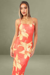 Orange Floral Maxi Mesh Bodycon Dress
