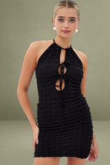Black Textured Mini Dress Backless