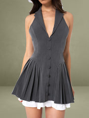 Hazel Grey Preppy Halter Neck Pleated Mini Dress