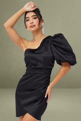 Black One Shoulder Puff Sleeve Statement Dress