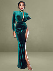 Zenaida Emerald Green Cutout High Slit Velvet Gown