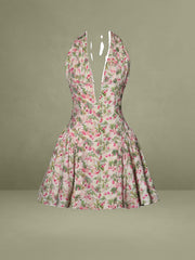 Mackenzie Green and Pink Floral Print Halter Linen Mini Dress