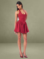 Hadara Burgundy Suede Halter Mini Full Dress