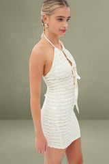 Beige Textured Mini Dress Backless
