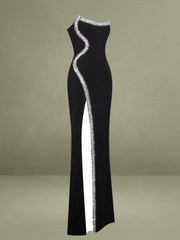 Xoana Black Crystal Embellished High Slit Gown