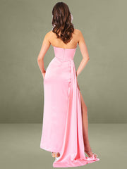 Pink Satin Crystal Embellished High Slit Gown