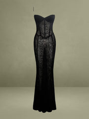 Ulani Black Burnout Velvet Detail Mesh Maxi Dress