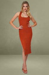 Brown Midi Dress Square Neck Knit