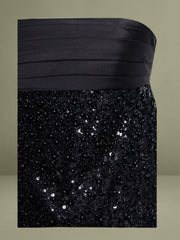 Felina Black Satin Sequin Pearls Beaded Mini Dress