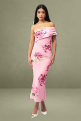 Pink Floral Bodycon Dress One Shoulder Mesh