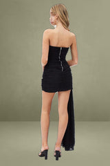 Black Sash Bandeau Strapless Draped Chiffon Dress