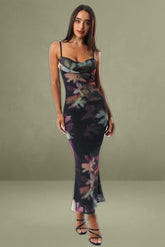 Black Floral Bodycon Dress Singlet Cowl Neck Maxi