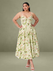 Jacinda Green Floral Print Ruched Breast Linen Midi Dress