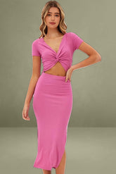 Pink Bodycon Dress Rib Twist Front Cut Out Short Sleeve