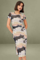 Brown Abstract Midi Dress Short Sleeve Bodycon Mesh