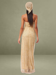 Ada Gold Rhinestone Embellished Strapless Gown with Head Scarf
