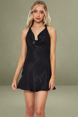 Black Mini Dress Cowl Neck Satin