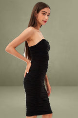 Black Midi Dress Bodycon Ruched Mesh