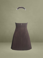 Yael Espresso Vegan Suede Faux Fur Halter Mini Dress